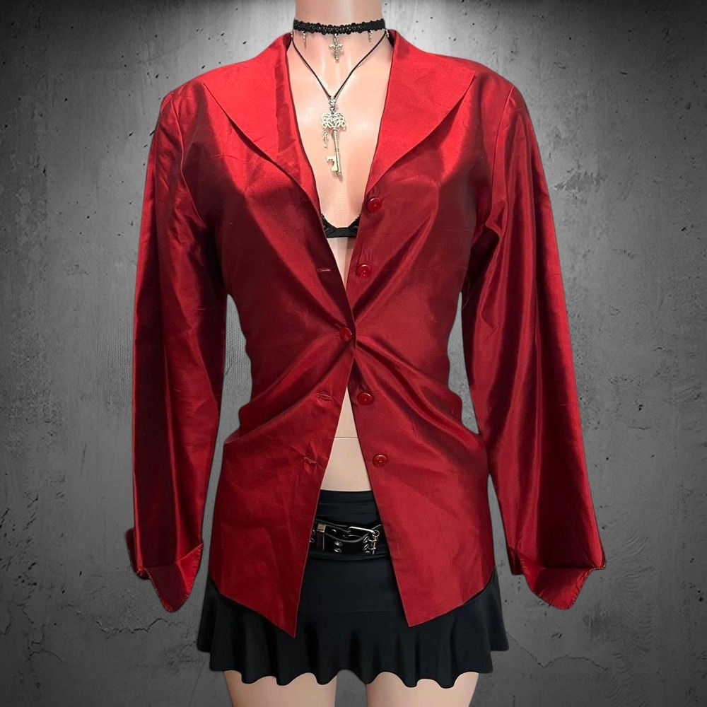 Vintage 90s Silkland 100% Silk Button Up Blazer Jacket 12 L Red Gothic Vampire